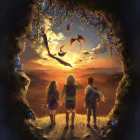 Children observing fantastical dragon scene with glowing backdrop