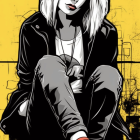 Digital art: White-haired woman in leather jacket with red lips, colorful sneakers, on yellow backdrop