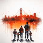 Silhouette of family holding hands under vibrant orange skyline