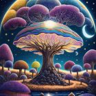 Vibrant digital artwork: Luminescent mushrooms in cosmic setting