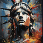 Colorful Digital Art: Statue of Liberty with Abstract City Skyline in Blue, Orange, and Yellow