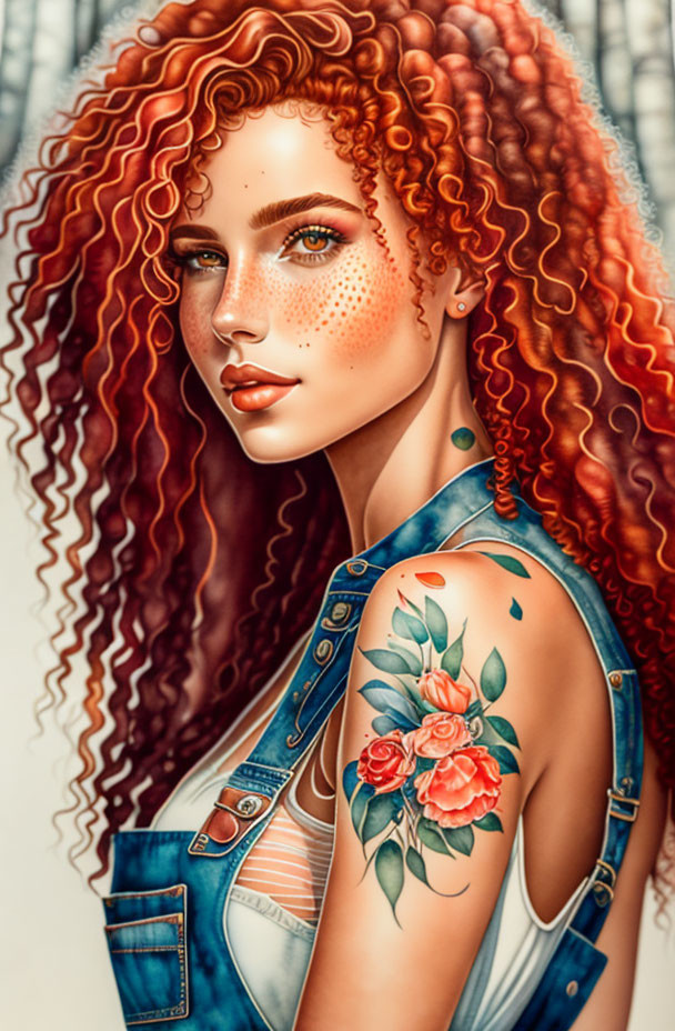 Curly Red-Haired Woman with Freckles and Green Eyes in Denim Vest