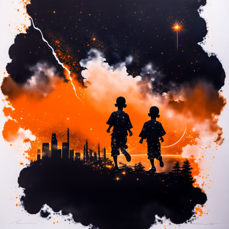 Silhouetted figures against orange and black cosmic backdrop