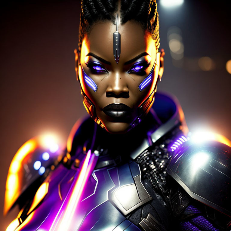 African Female Character in Futuristic Blue Armor and Intricate Facial Markings