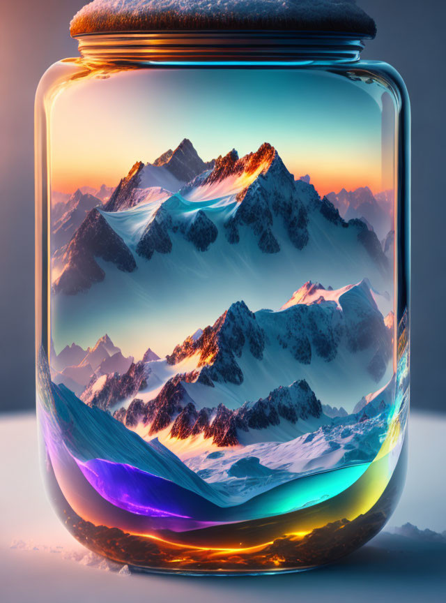 Glass jar with surreal mountain range in warm glow