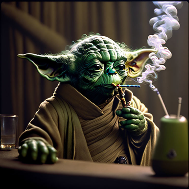 Digital artwork: Yoda from Star Wars drinking with glass and beverage container on table