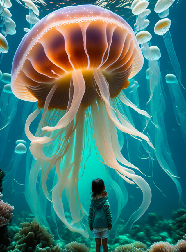 Child observing large translucent jellyfish in underwater scene