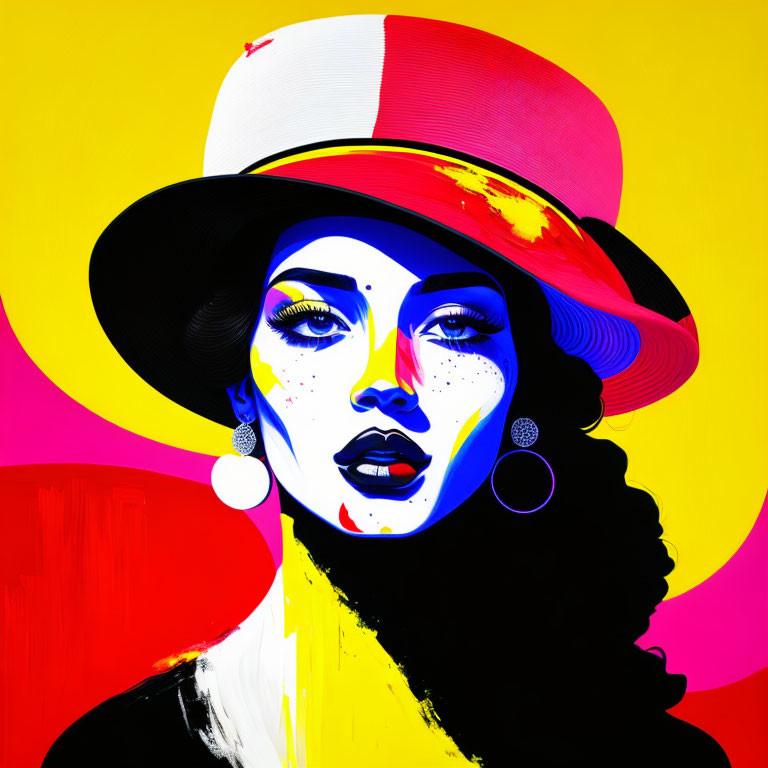 Vibrant pop art portrait of a woman in stylish hat