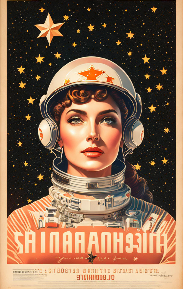 Vintage-style poster featuring woman in spacesuit against starry background with Cyrillic text