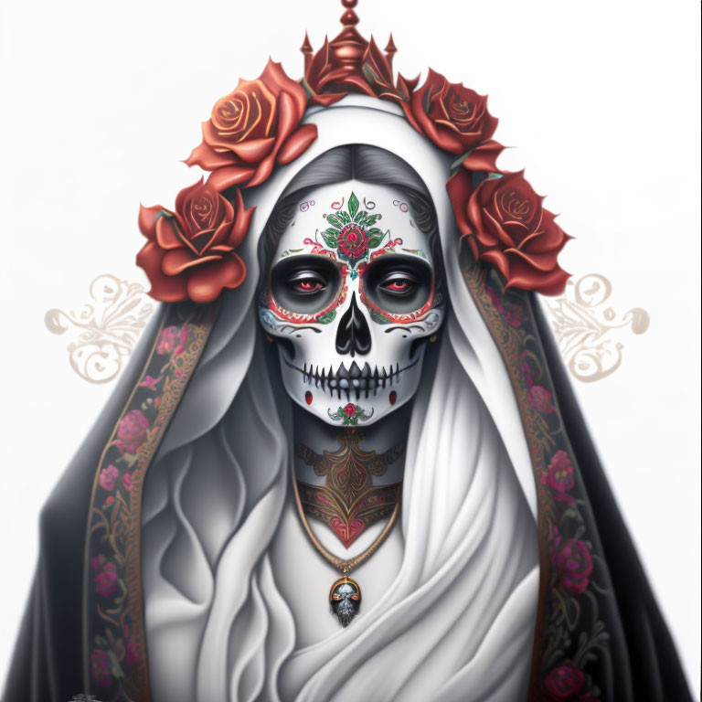 Figure with skull face in Day of the Dead style with roses and veiled headdress.