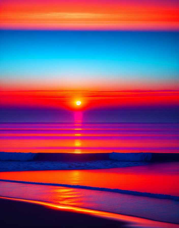 Colorful Sunset Scene: Red, Blue, Orange Sky Over Serene Beach