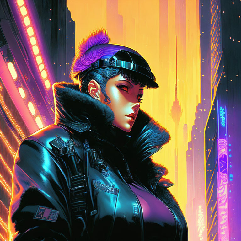 Futuristic purple-haired woman in neon cityscape.