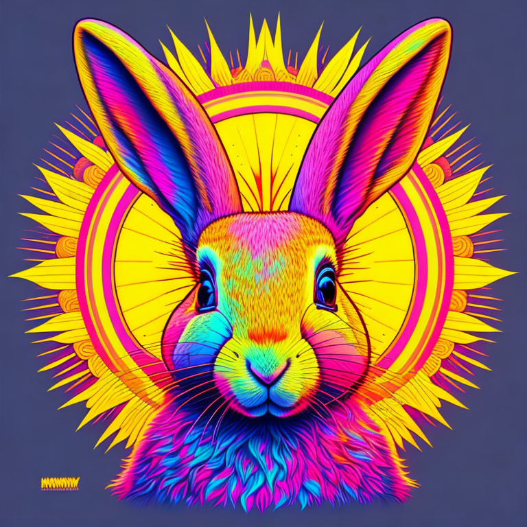 Colorful rabbit illustration on starburst background