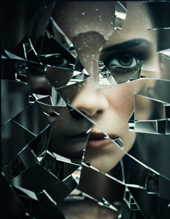 Intense gaze of a woman through shattered glass fragments