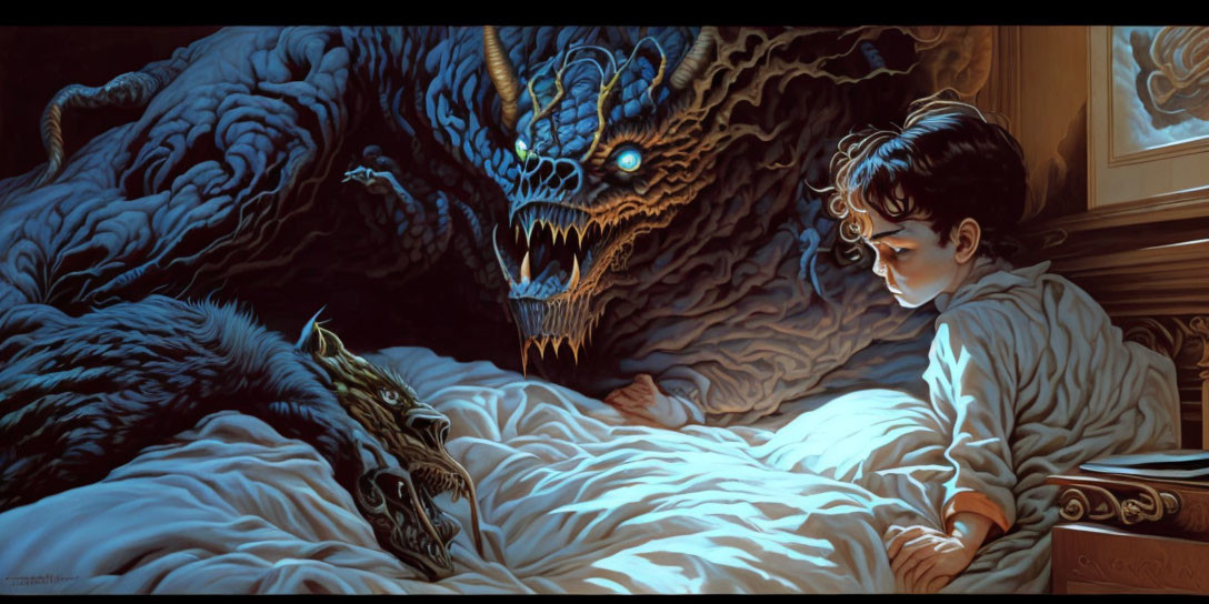 Child in bed witnessing two fantastical dragons from a storybook