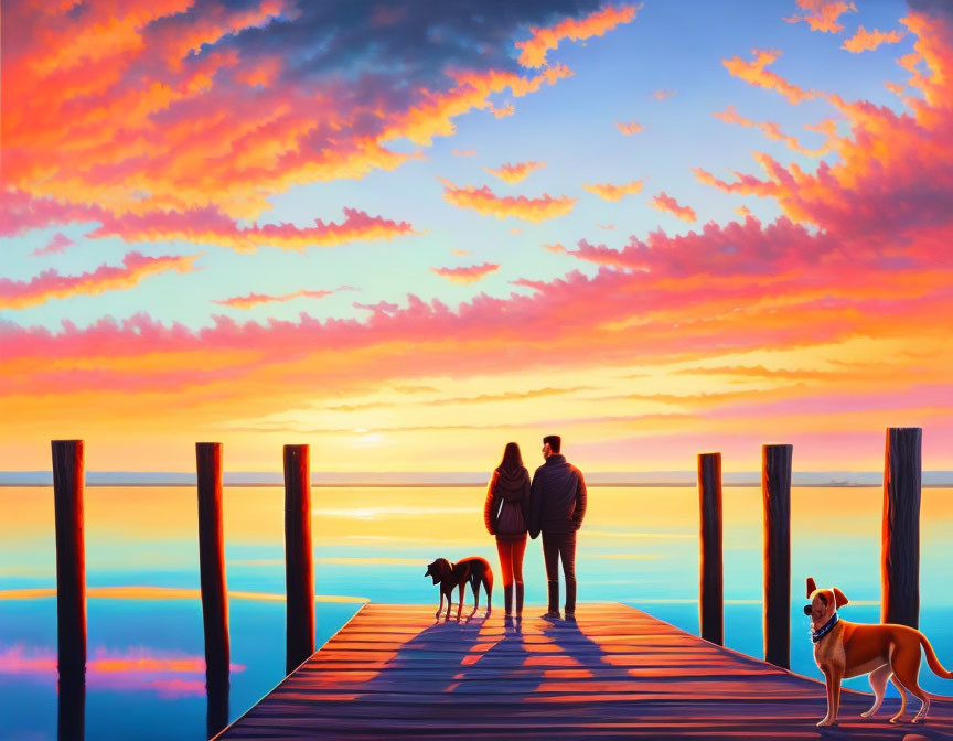 Couple, Two Dogs on Pier at Sunset with Vibrant Orange Clouds