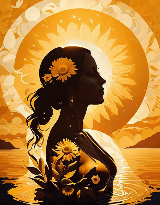 Sunflower-themed woman silhouette in golden sunset setting