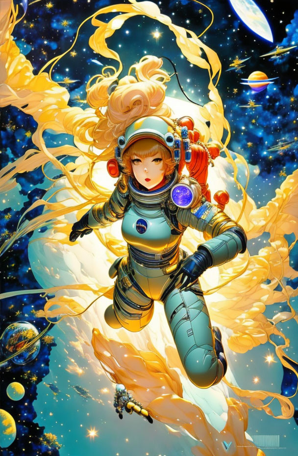 Illustrated female astronaut with stylized hair in cosmic space scene