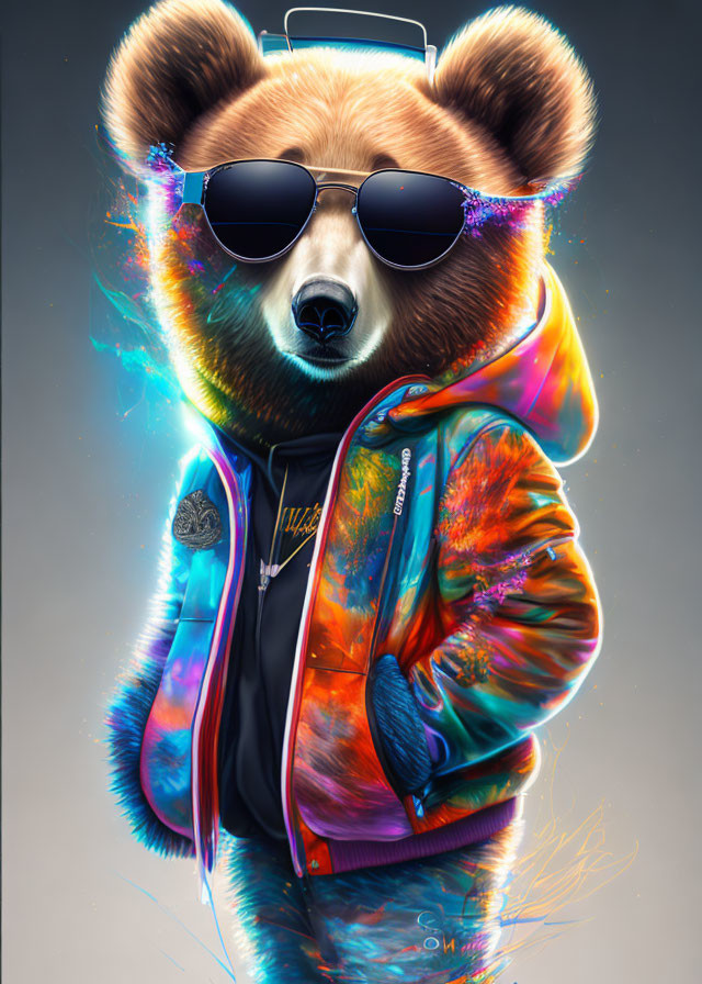 Bear in Sunglasses with Colorful Bomber Jacket Illustration