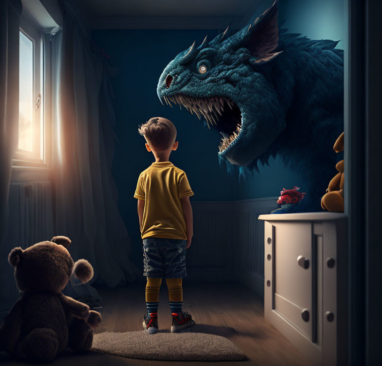 Boy in yellow shirt faces intimidating blue dragon in dark room