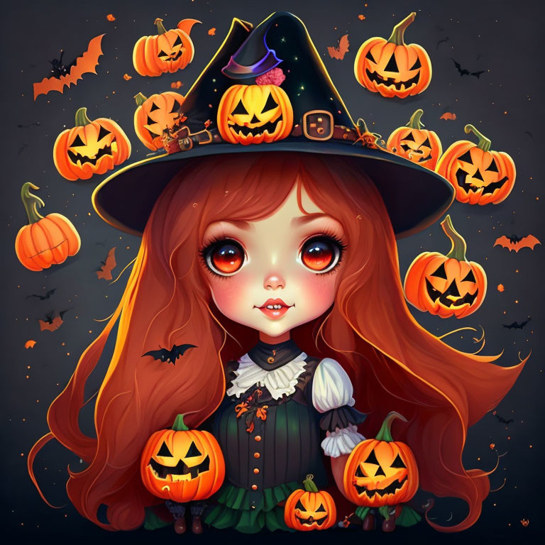 Illustrated girl in witch hat with jack-o'-lanterns and bats for cute Halloween theme