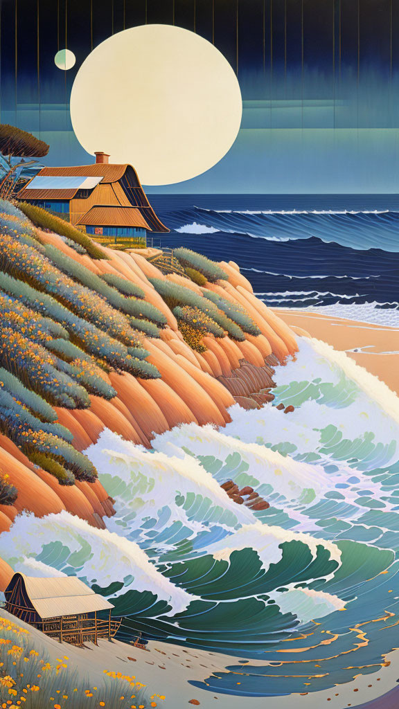 Coastal Scene Artwork: Thatched-Roof House, Cliff, Waves, Moon/S