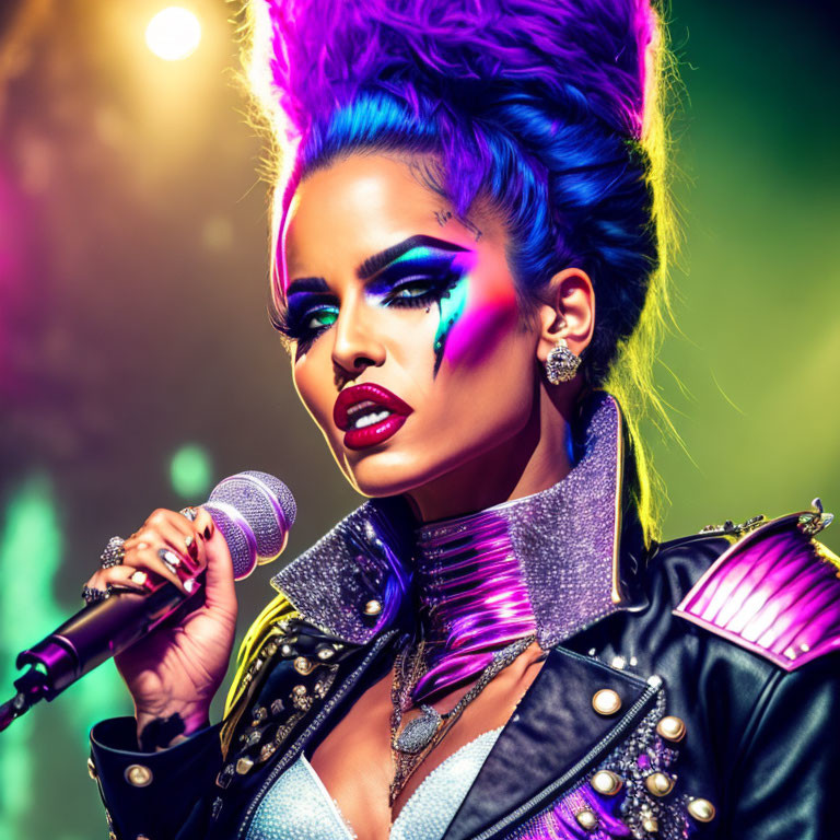 Colorful Portrait of Female Performer with Purple Hair and Microphone