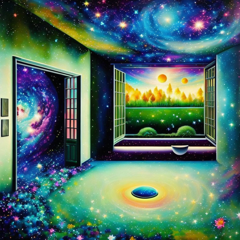 Cosmic-themed room with galaxy walls, planet view window, and black hole floor