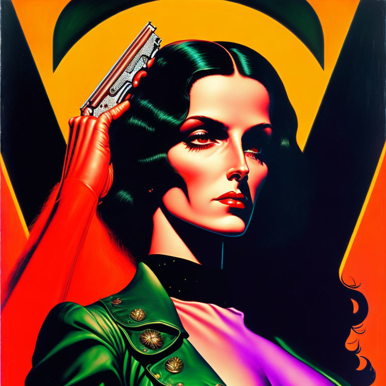 Vibrant contrast in stylized portrait with gun and graphic backdrop