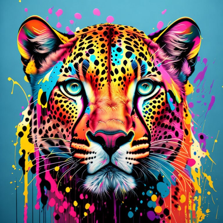 Colorful Leopard Face Artwork on Turquoise Background