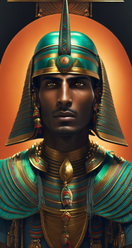 Stylized male figure in Egyptian royal attire with headdress and jewelry