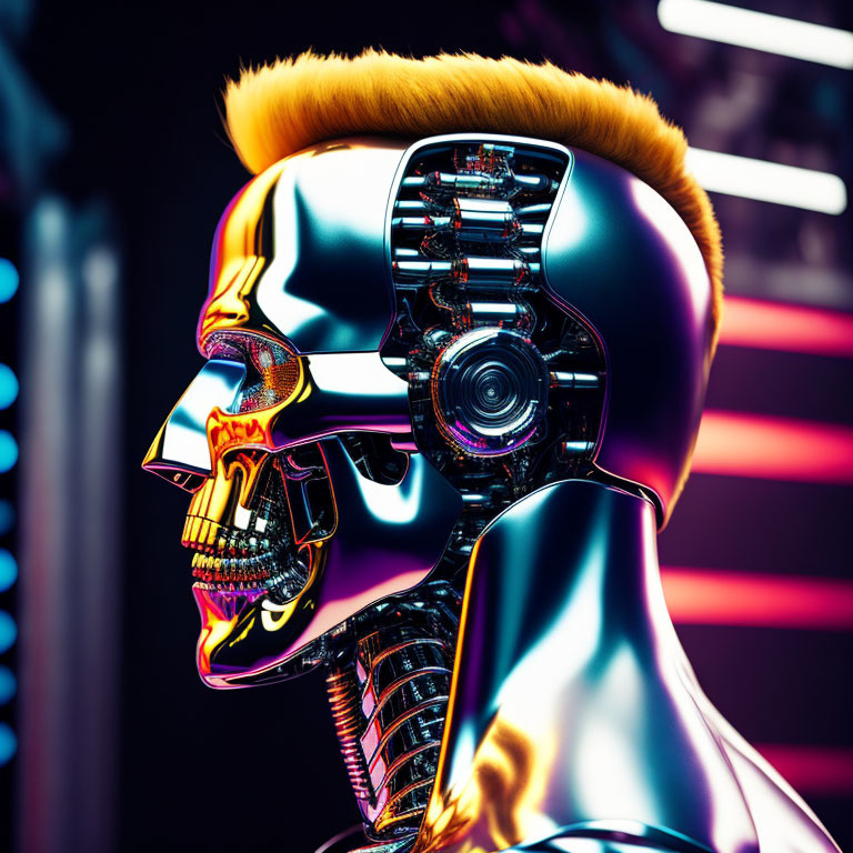 Futuristic robot head with metallic structure and neon colors