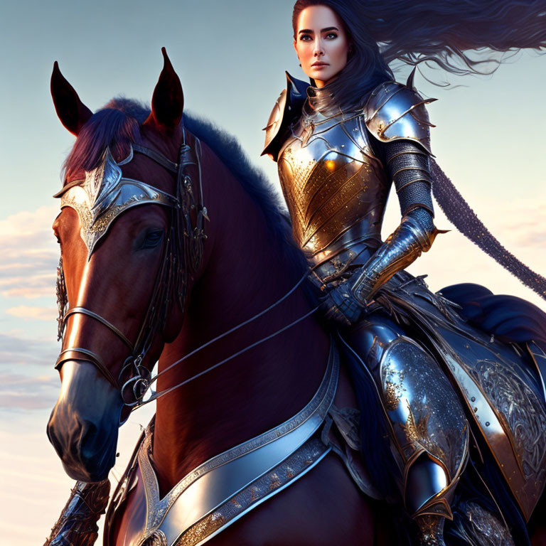 Female warrior in shiny medieval armor riding horse at dusk