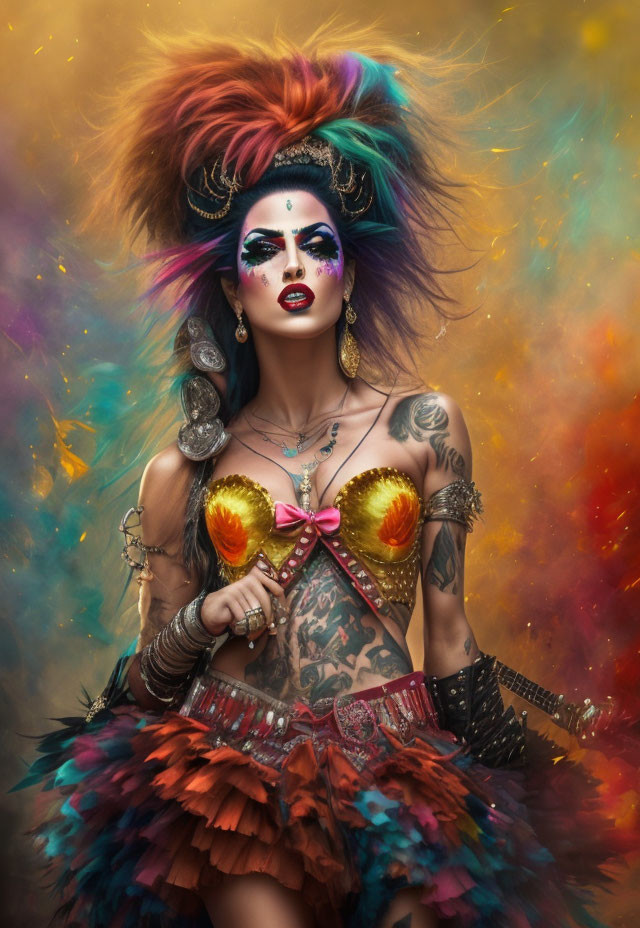 Colorful Portrait of Person with Multicolored Hair and Dramatic Makeup