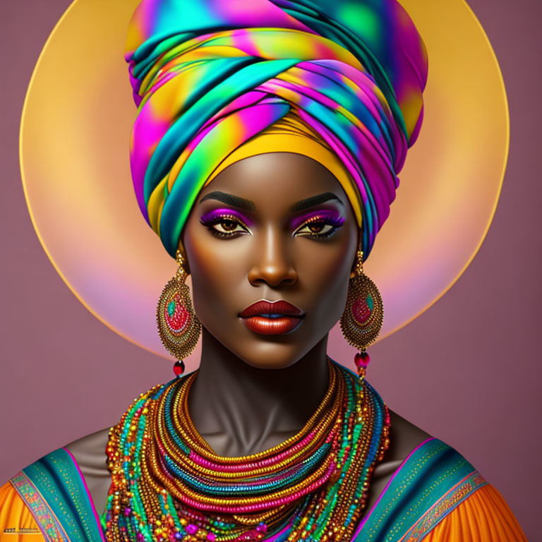 Colorful headwrap woman with beaded jewelry on purple background