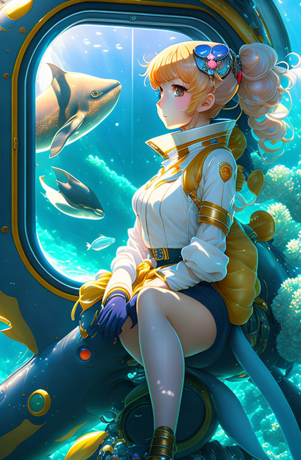 Futuristic female character in underwater suit observes fish and coral reefs.