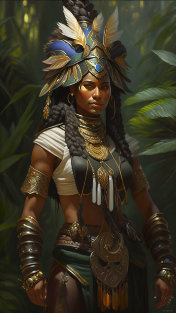 Regal warrior in ornate armor in lush jungle