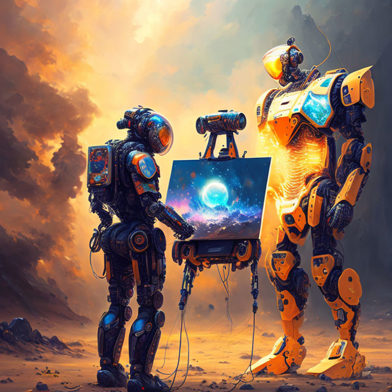 Futuristic robots with galaxy canvas in desolate landscape