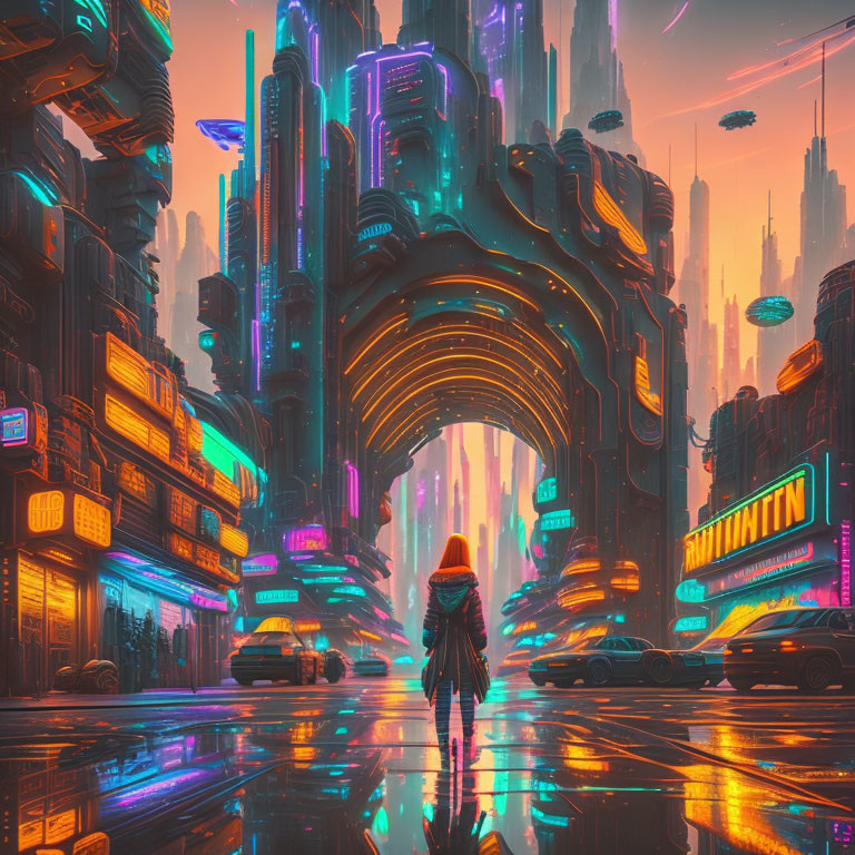 Solitary figure in neon-lit futuristic cityscape with skyscrapers