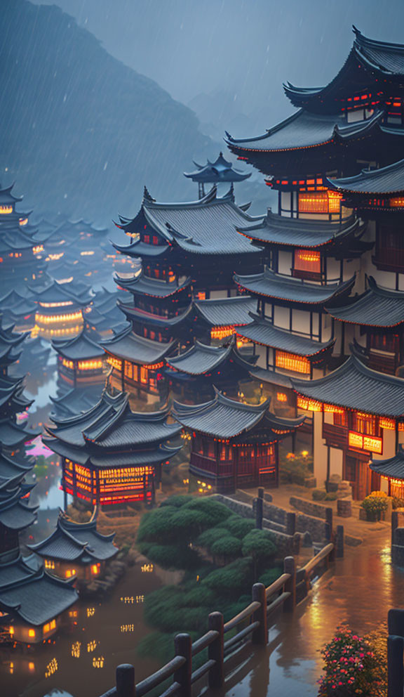 Japanese pagoda-style buildings illuminated under rainy twilight sky surrounded by lush greenery.