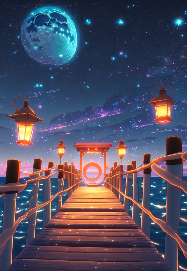 Wooden Pier with Glowing Lanterns and Moonlit Gateway