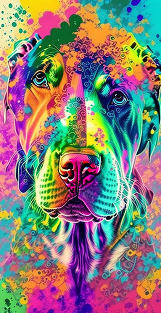 Colorful digital artwork: Dog's face with psychedelic patterns