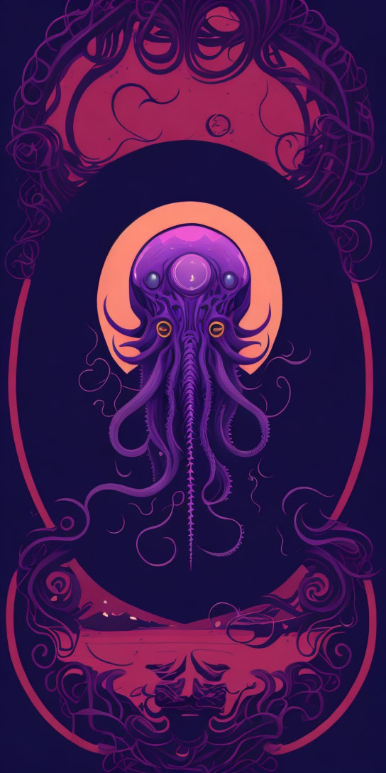 Purple jellyfish graphic in ornate frame on blue background