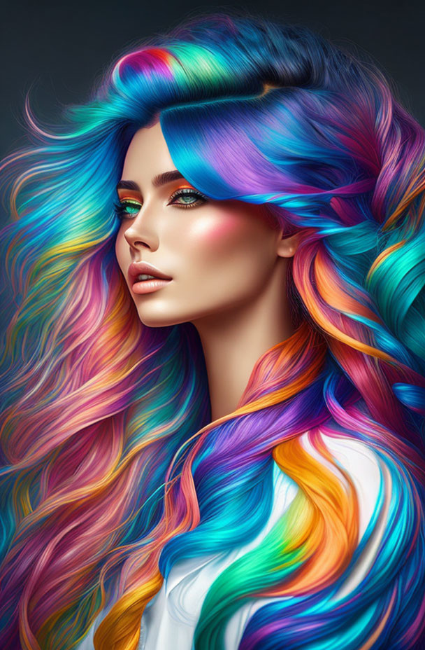 Colorful Portrait of Woman with Rainbow Hair and Striking Makeup