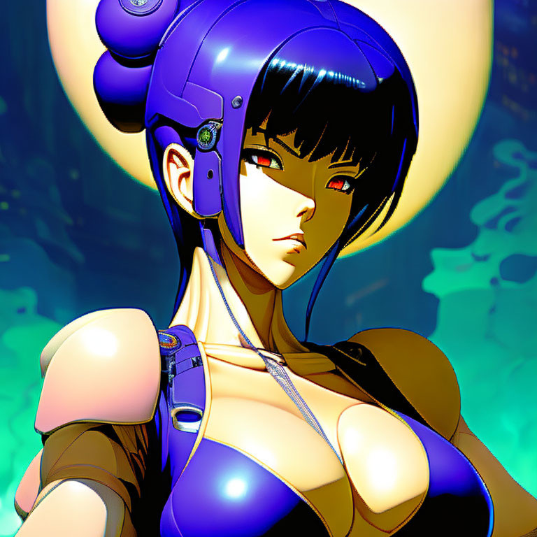 Futuristic digital art: Female character with blue helmet and red eyes on golden background