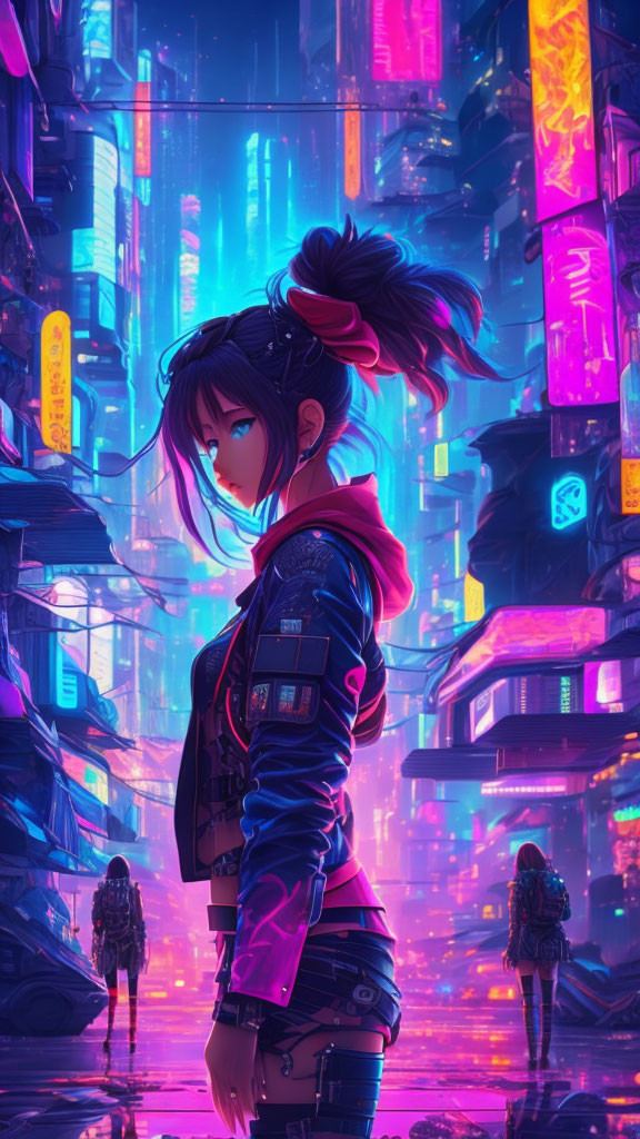 Young woman in futuristic outfit in neon-lit cyberpunk alley