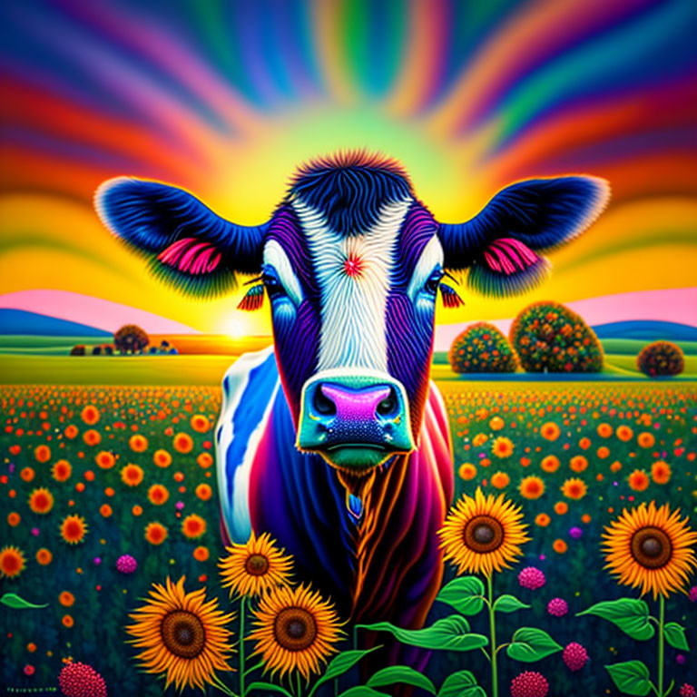 Colorful cow and sunflowers in vibrant, psychedelic artwork