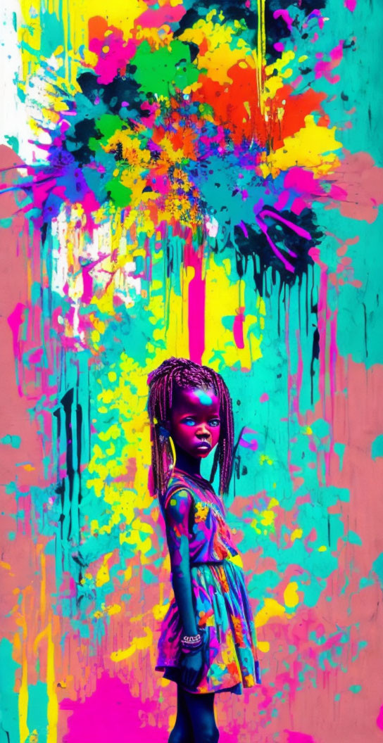 Braided-Hair Girl in Front of Colorful Abstract Background