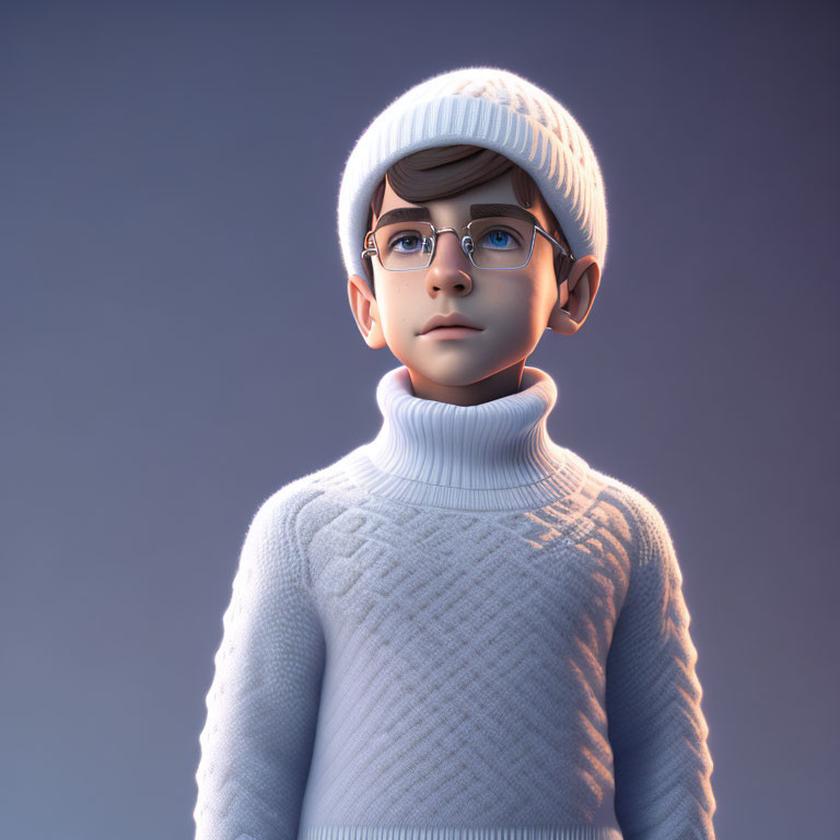 Young boy in glasses, white hat and sweater, 3D illustration on blue background