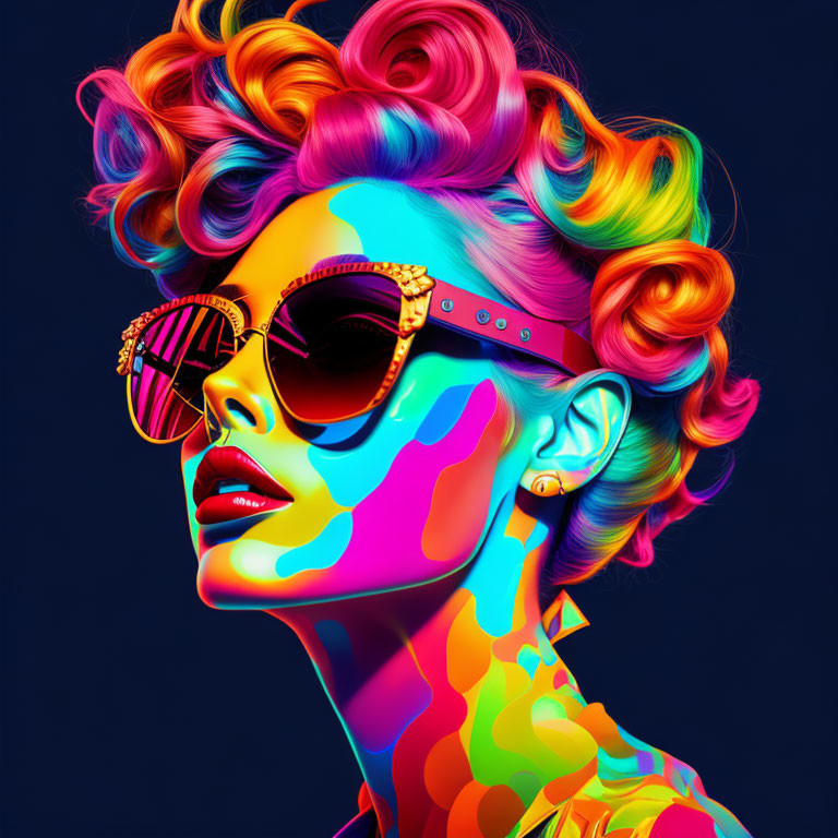 Vibrant multicolored hair woman portrait with rainbow skin and sunglasses on blue background